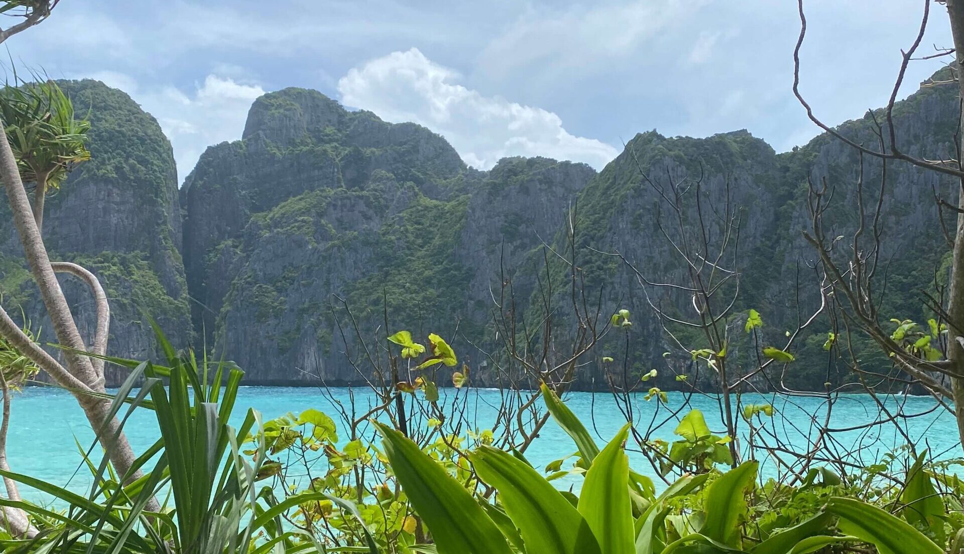 liimestone mountains surrounded by turqouise blue water and plants