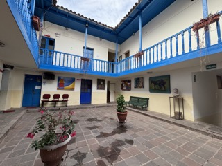 blue and white courtyard inside a museum