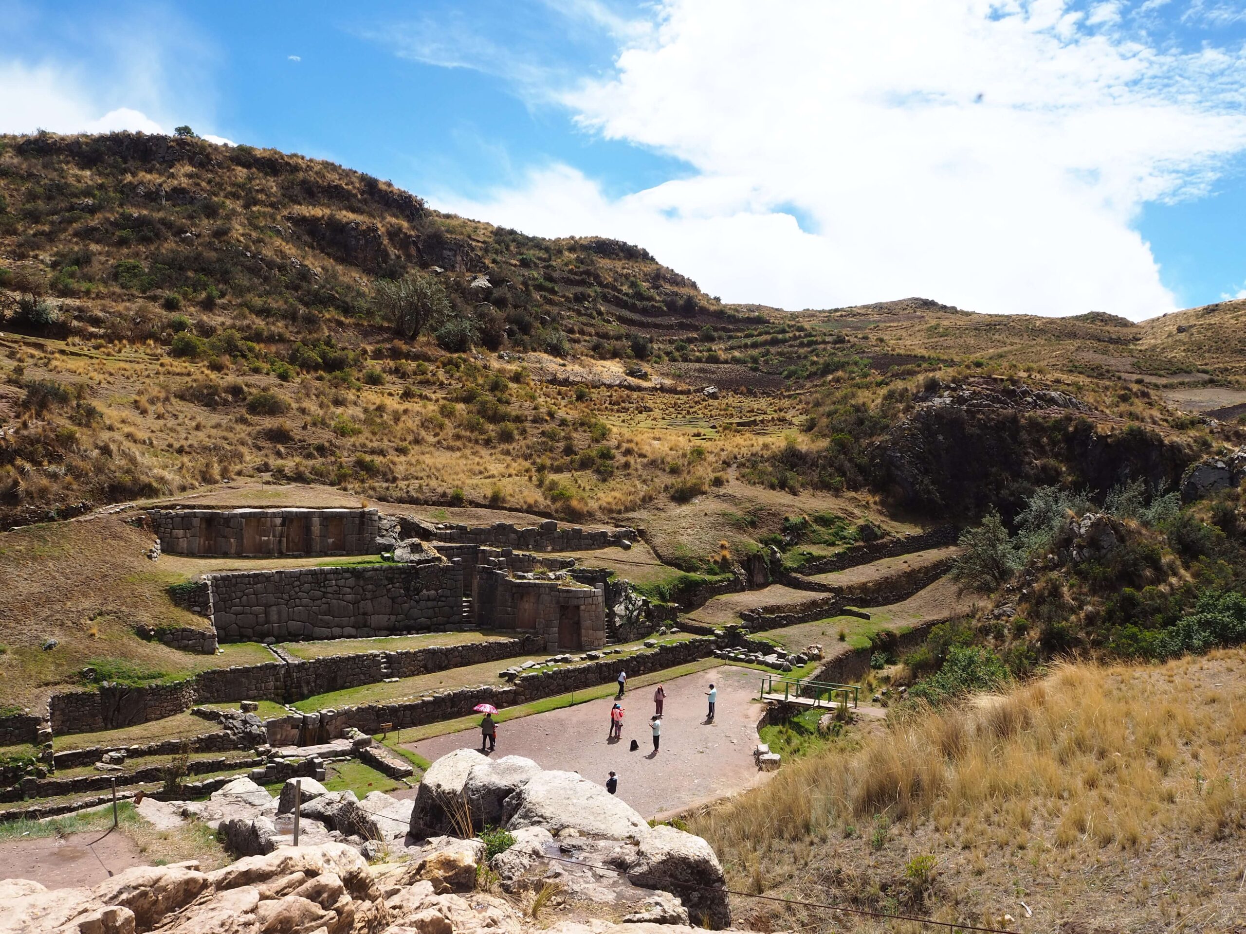 Inca Ruins near Cusco with tourists and mountains in the back