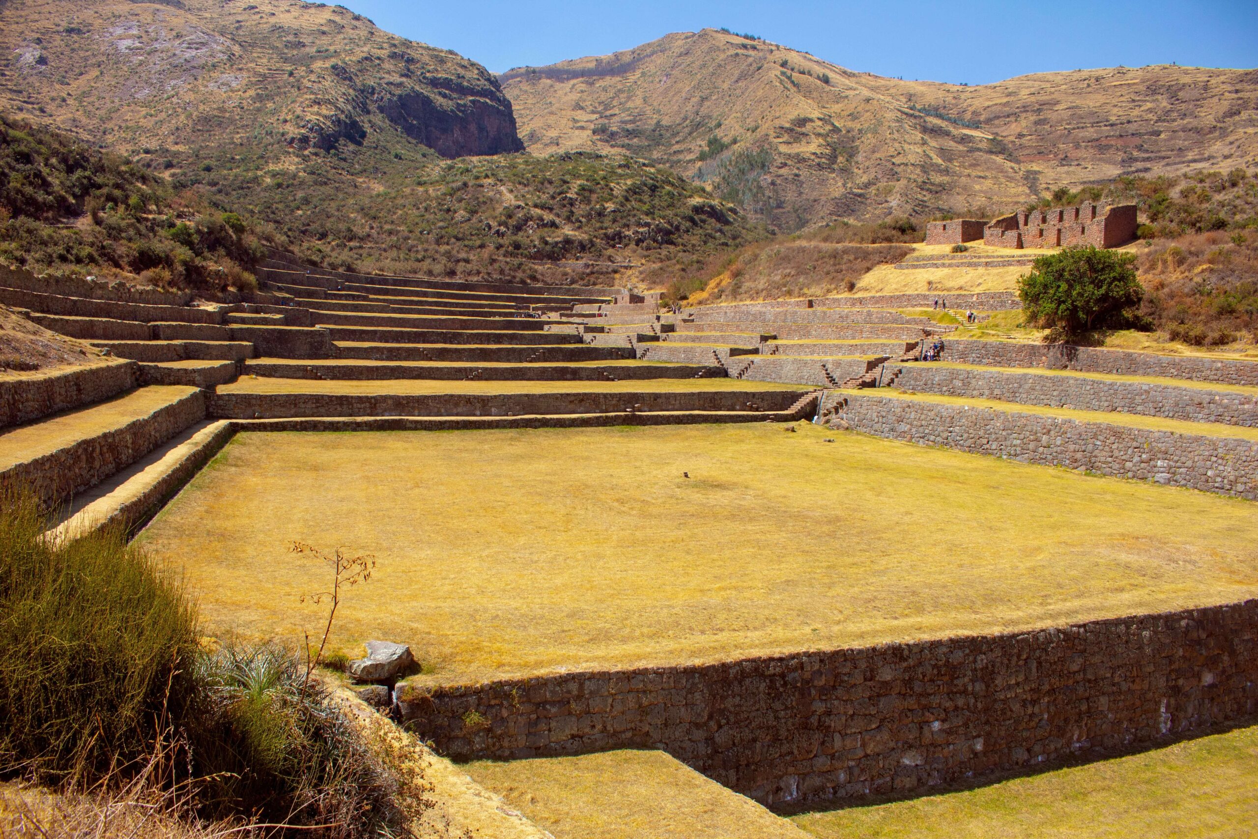 inca ruins in the shape of a square with mountains in the background