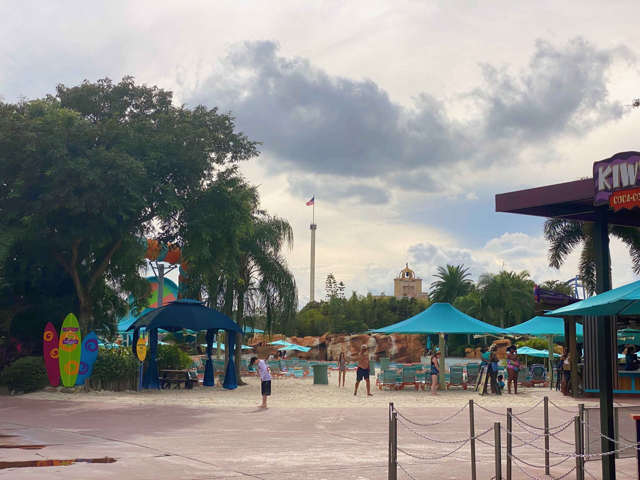 aquatica waterpark walking path with food and cabanas