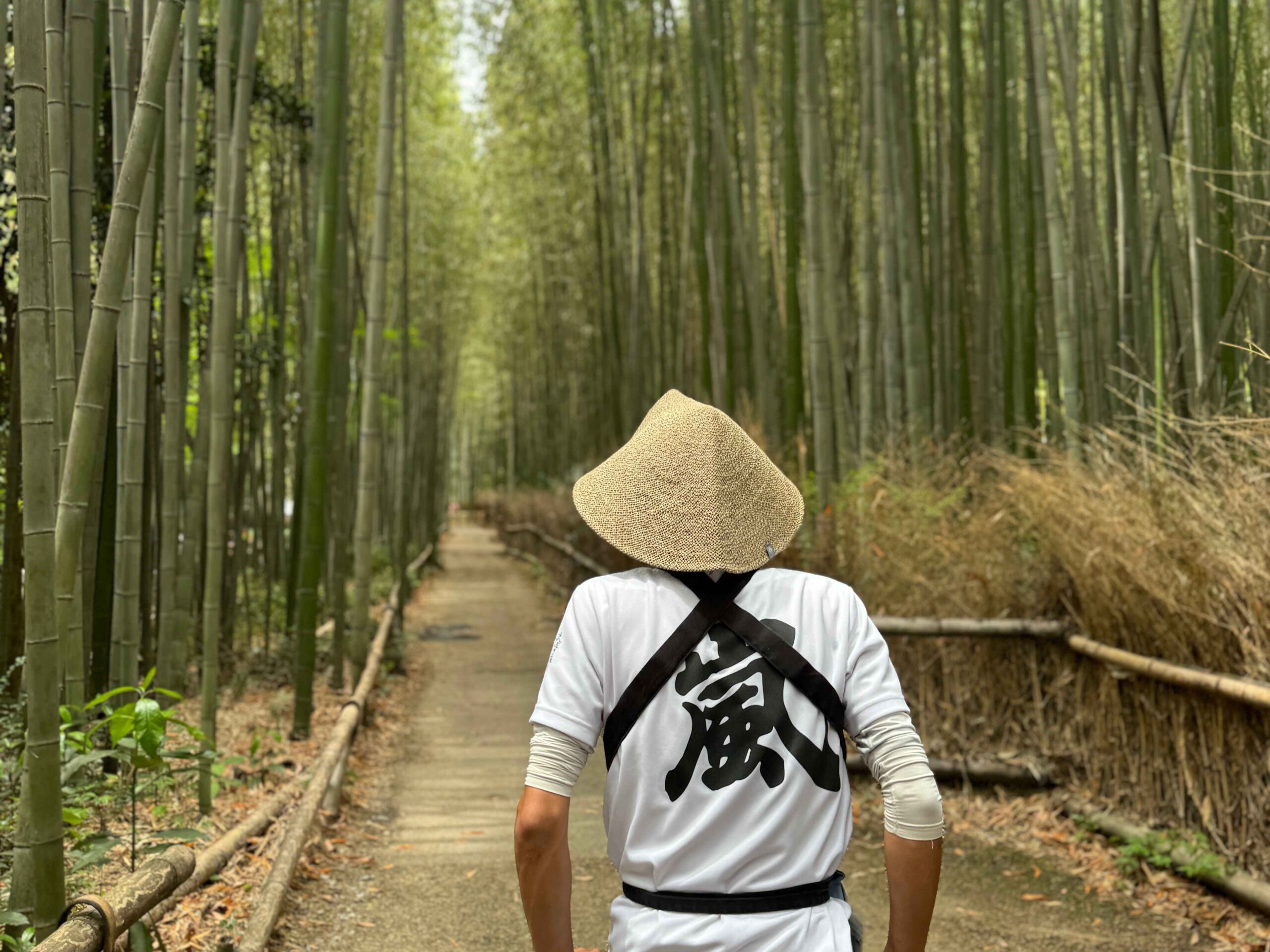 man in kyoto in bamboo grove